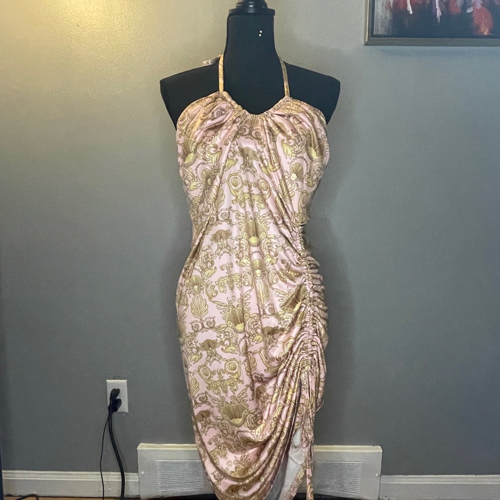 Pink and multi color, side tie dress.